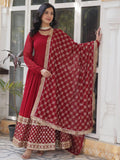 Bewitching Maroon Zari Work Georgette Wedding Wear Gown With Dupatta