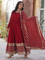 Bewitching Maroon Zari Work Georgette Wedding Wear Gown With Dupatta