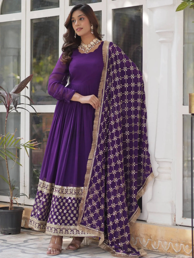 Fabulous Purple Zari Work Georgette Festive Wear Gown With Dupatta
