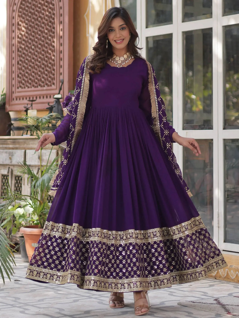 Fabulous Purple Zari Work Georgette Festive Wear Gown With Dupatta