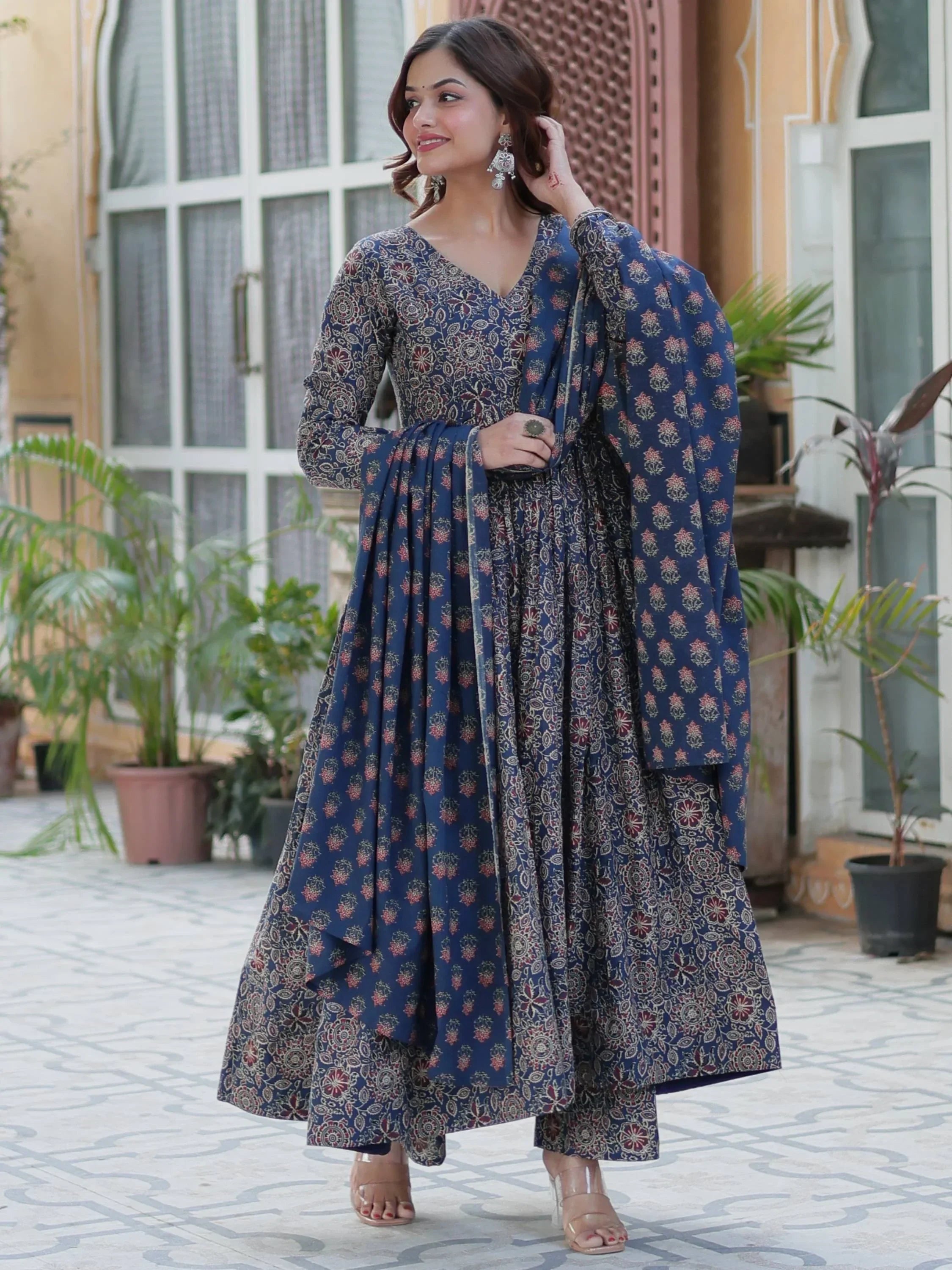 Enchanting Navy Blue Printed Cotton Festive Wear Anarkali Suit With Dupatta