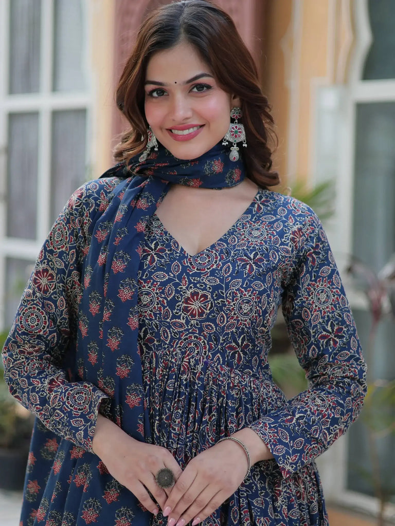 Enchanting Navy Blue Printed Cotton Festive Wear Anarkali Suit With Dupatta
