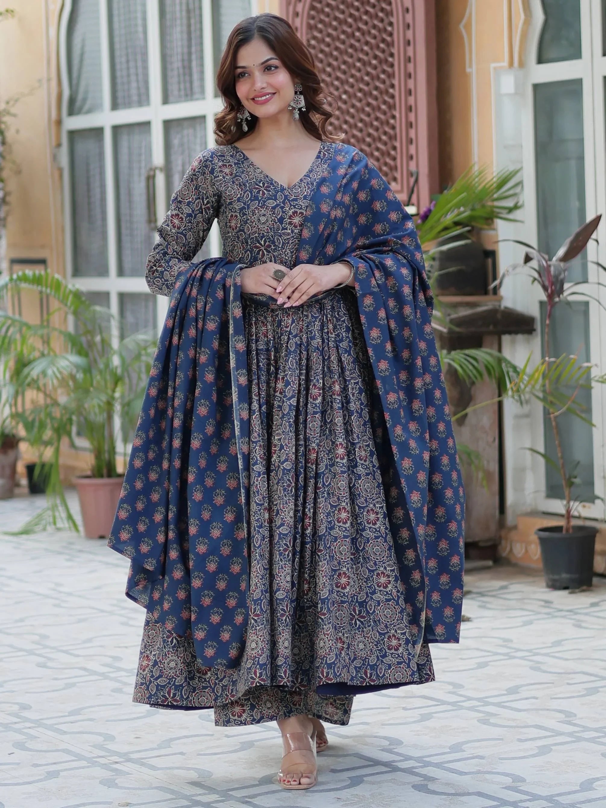 Enchanting Navy Blue Printed Cotton Festive Wear Anarkali Suit With Dupatta