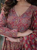 Adorable Maroon Printed Cotton Festive Wear Anarkali Suit With Dupatta