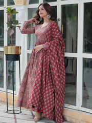 Adorable Maroon Printed Cotton Festive Wear Anarkali Suit With Dupatta
