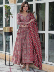 Adorable Maroon Printed Cotton Festive Wear Anarkali Suit With Dupatta