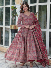 Adorable Maroon Printed Cotton Festive Wear Anarkali Suit With Dupatta