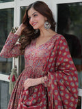 Adorable Maroon Printed Cotton Festive Wear Anarkali Suit With Dupatta