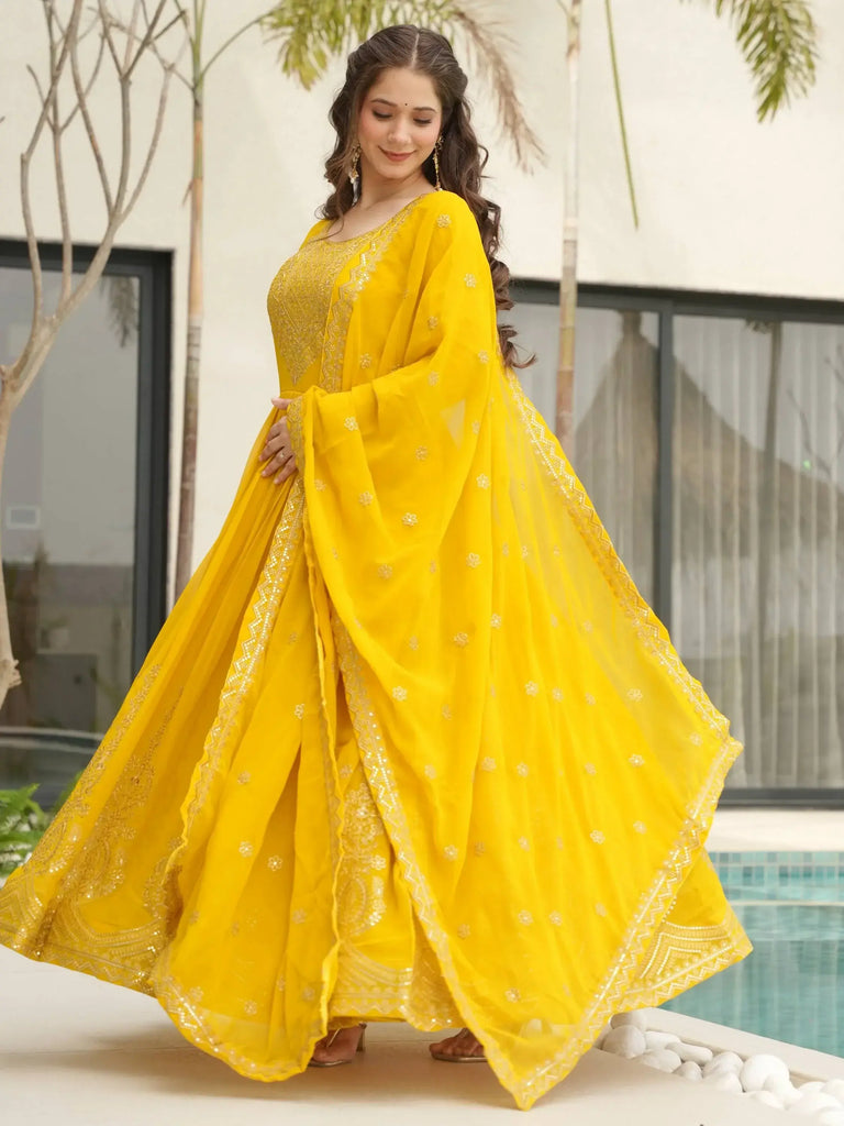 Awesome Yellow Sequins Work Georgette Haldi Wear Gown With Dupatta