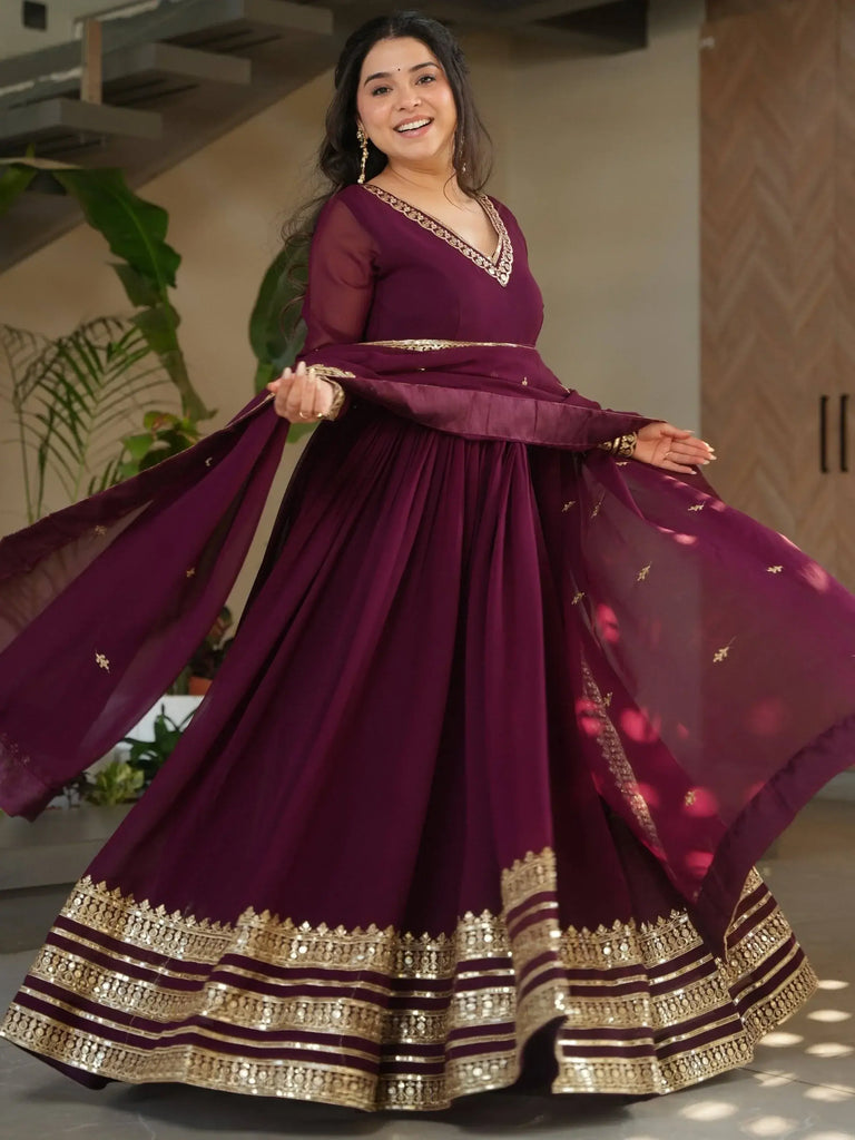 Bewitching Maroon Zari Work Georgette Party Wear Gown With Dupatta
