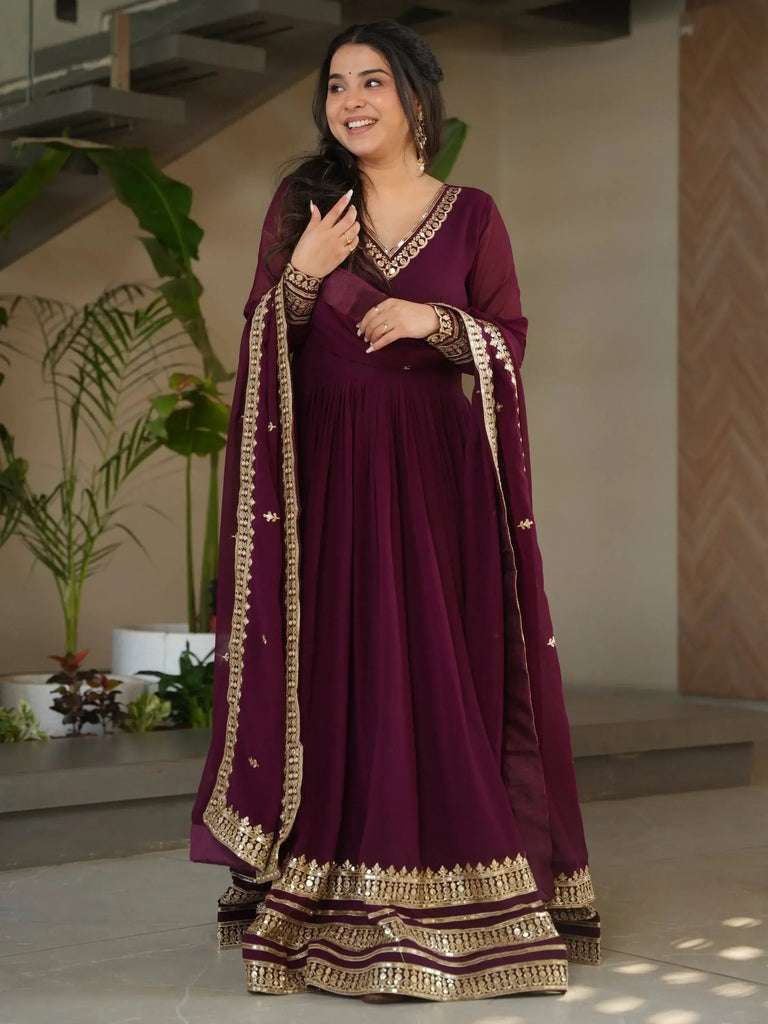 Bewitching Maroon Zari Work Georgette Party Wear Gown With Dupatta