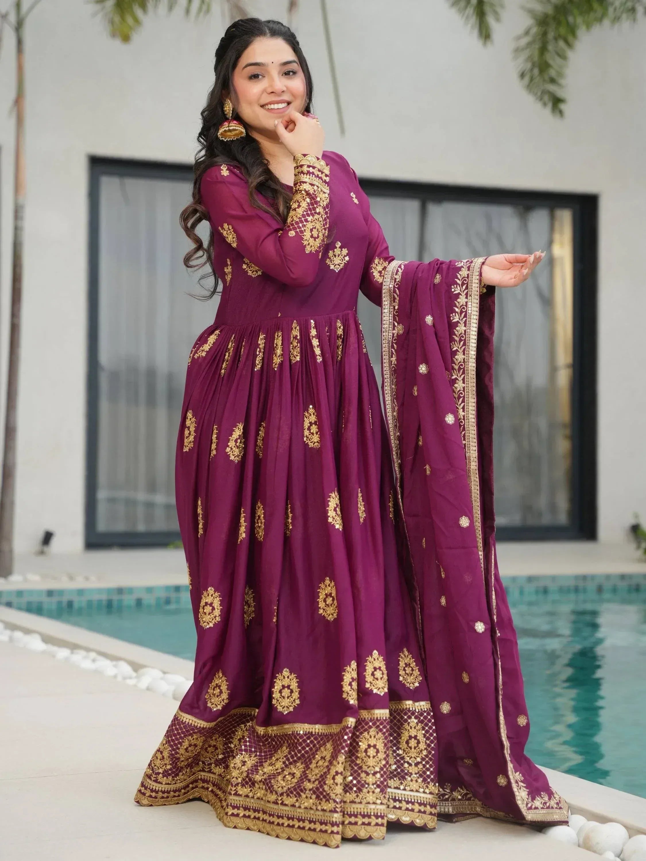 Purple ethnic anarkali with gold embroidery, perfect for Indian occasions and festive wear