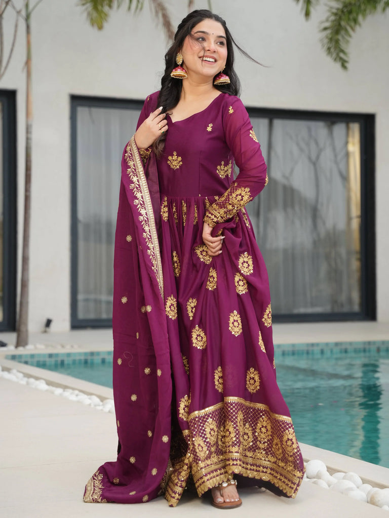 Ravishing Wine Zari Embroidery Georgette Event Wear Gown With Dupatta