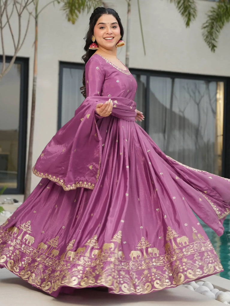 Lovable Mauve Zari Work Chinon Festive Wear Gown With Dupatta