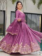 Lovable Mauve Zari Work Chinon Festive Wear Gown With Dupatta