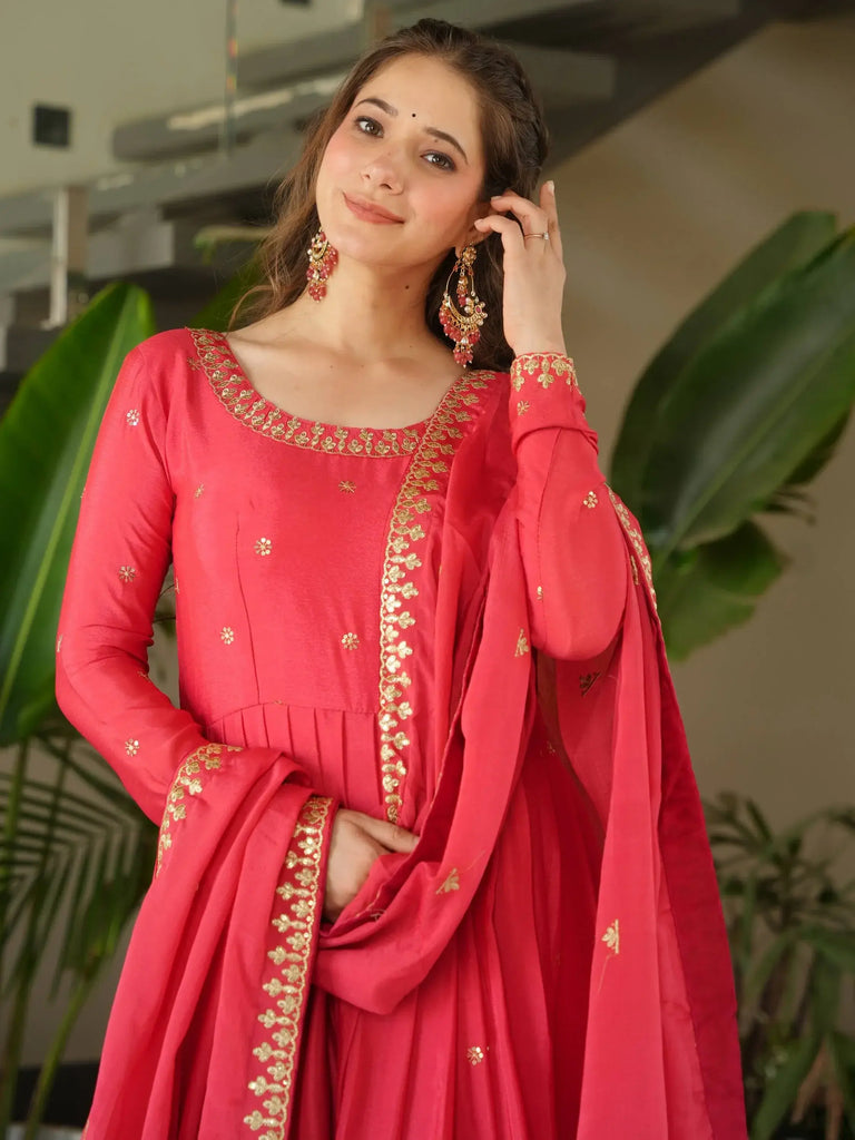 Captivating Peach Zari Work Chinon Event Wear Gown With Dupatta