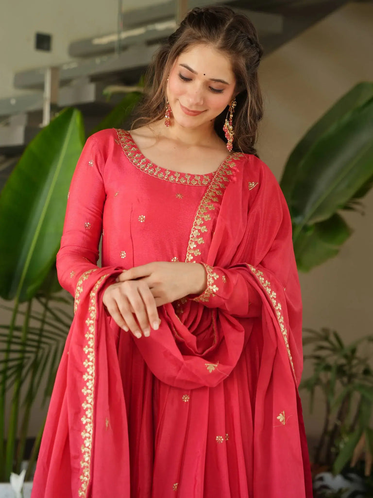 Captivating Peach Zari Work Chinon Event Wear Gown With Dupatta