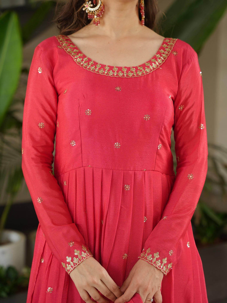 Captivating Peach Zari Work Chinon Event Wear Gown With Dupatta