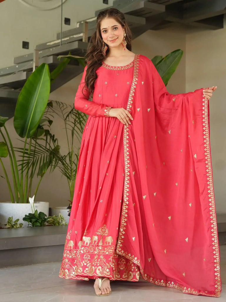 Captivating Peach Zari Work Chinon Event Wear Gown With Dupatta