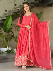 Captivating Peach Zari Work Chinon Event Wear Gown With Dupatta