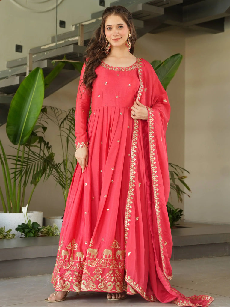 Captivating Peach Zari Work Chinon Event Wear Gown With Dupatta