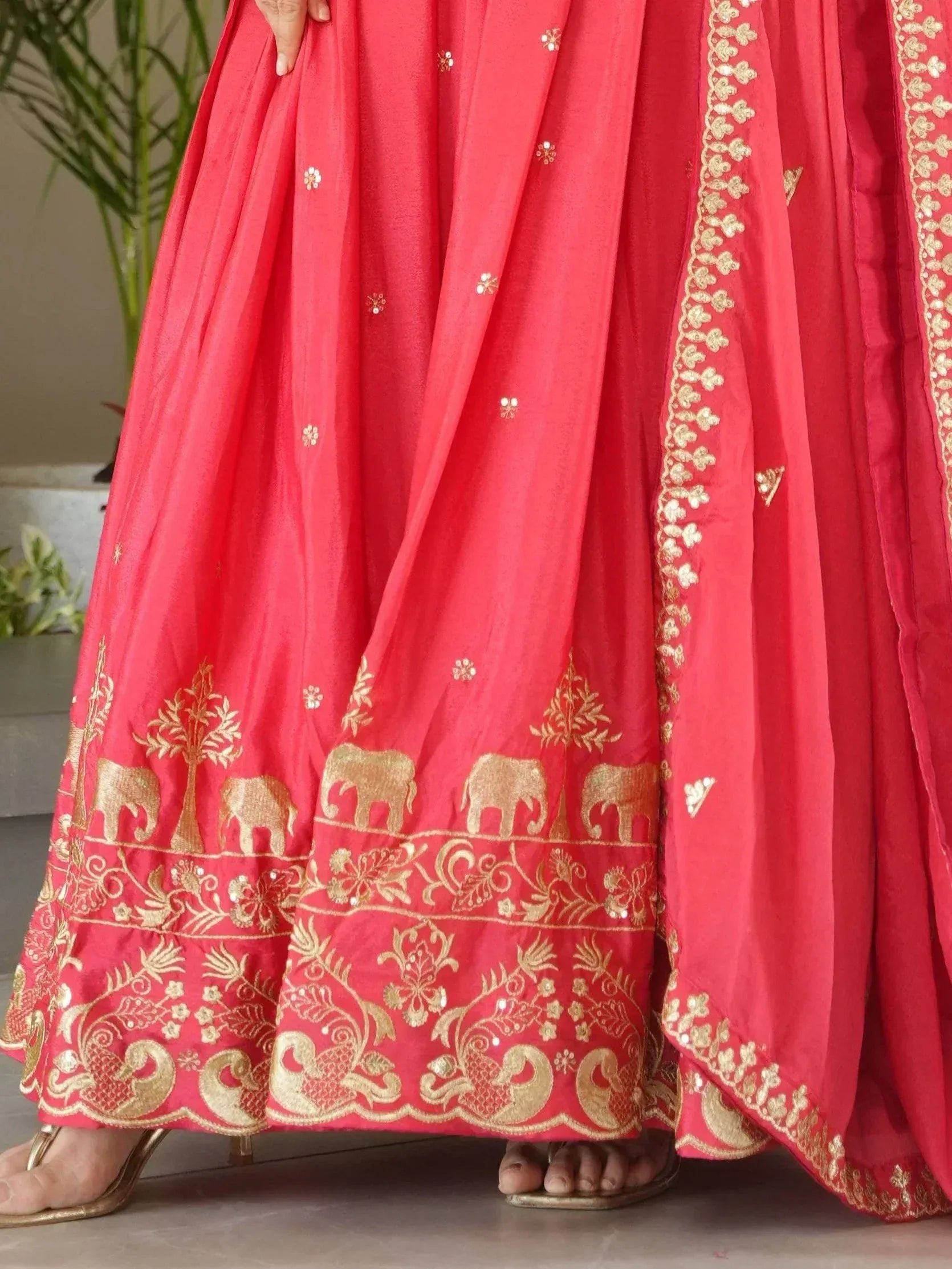 Red lehenga with gold elephant and peacock embroidery, ethnic Indian wear