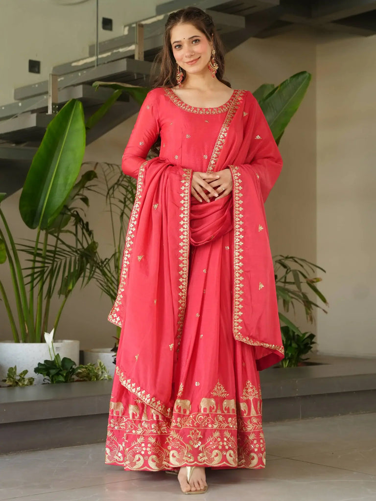 Captivating Peach Zari Work Chinon Event Wear Gown With Dupatta