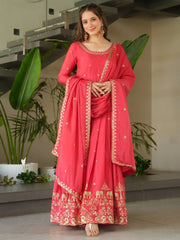 Captivating Peach Zari Work Chinon Event Wear Gown With Dupatta