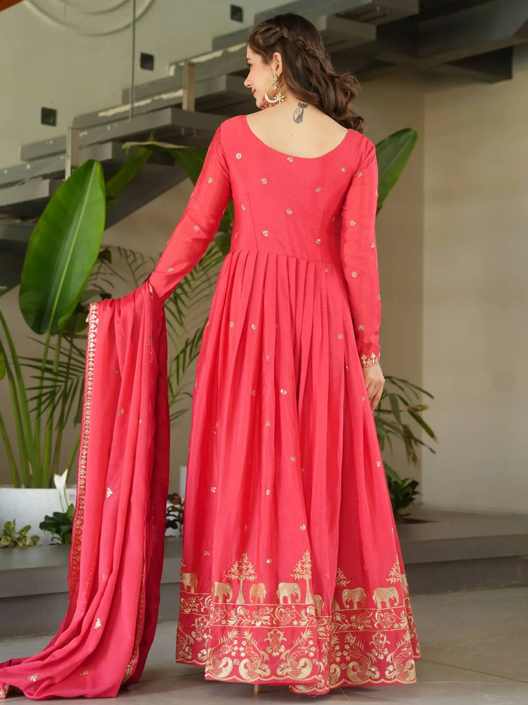 Captivating Peach Zari Work Chinon Event Wear Gown With Dupatta