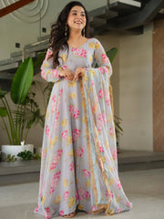 Amazing Grey Georgette Floral Printed Casual Wear Gown With Dupatta