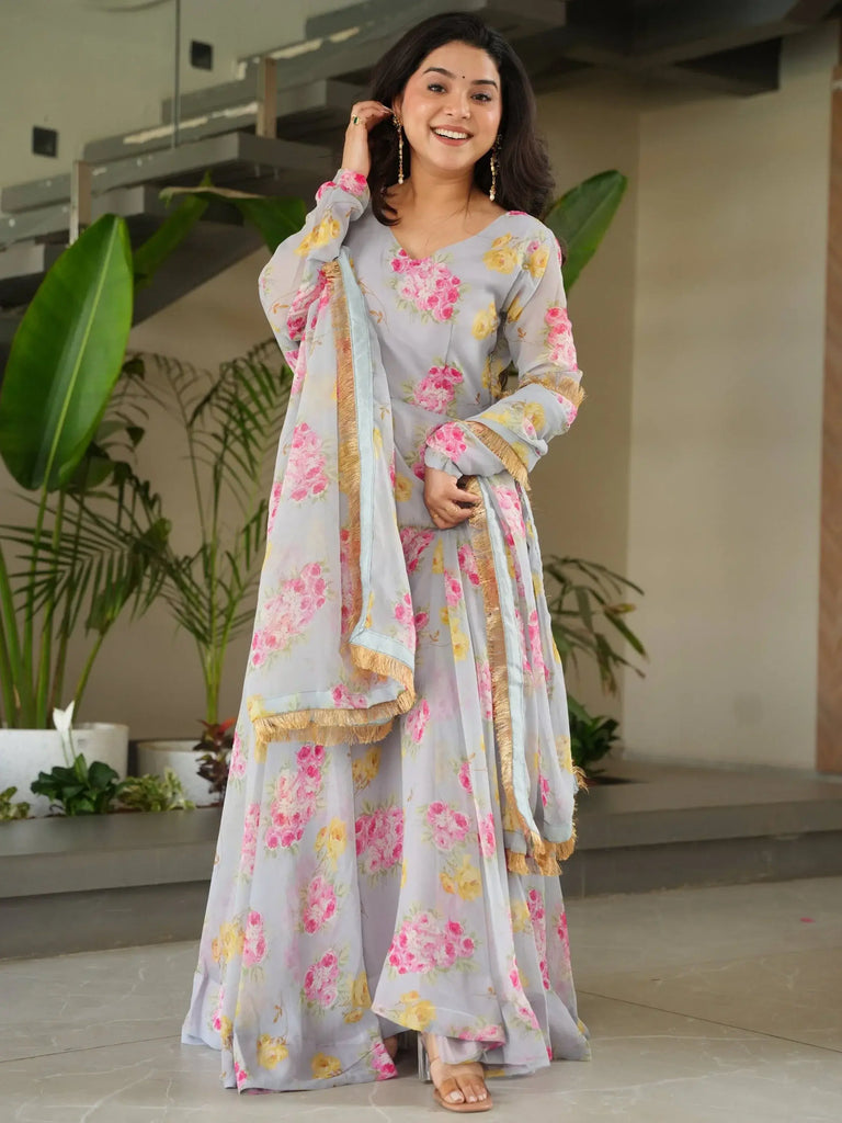Amazing Grey Georgette Floral Printed Casual Wear Gown With Dupatta