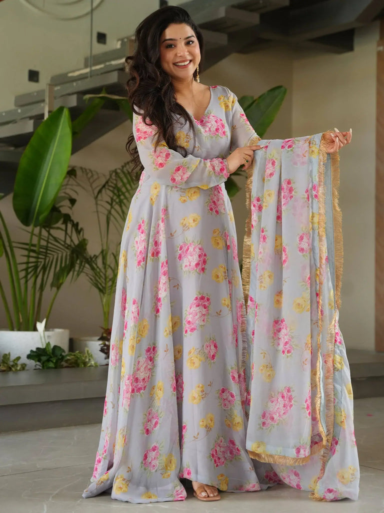 Amazing Grey Georgette Floral Printed Casual Wear Gown With Dupatta