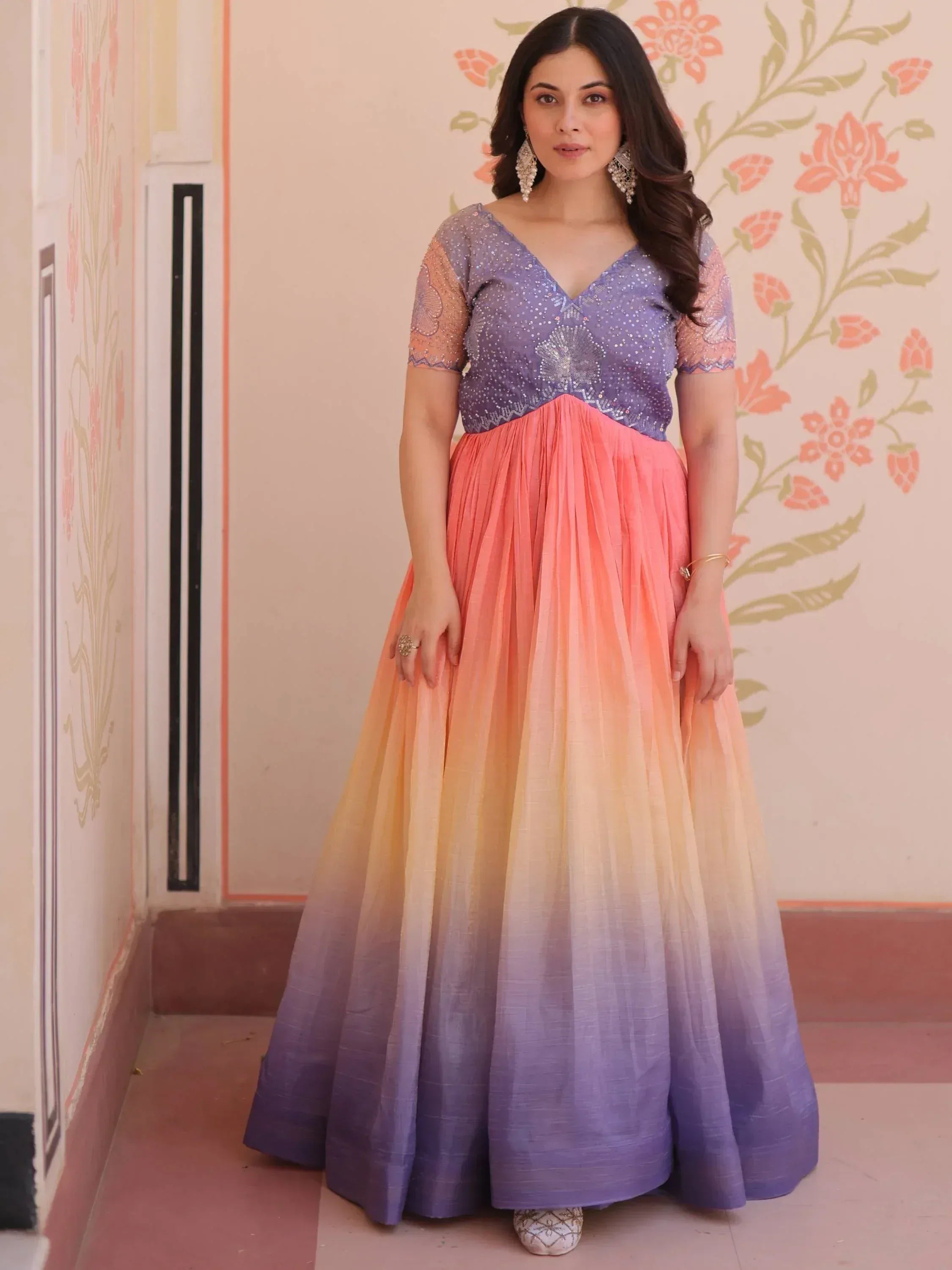 Purple sequin top with ombre pink to purple pleated skirt, Indian ethnic gown for women