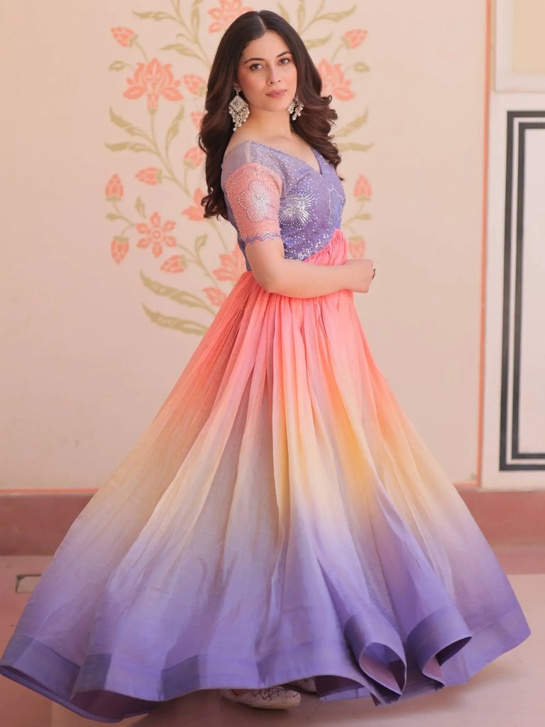 Awesome Lavender Pearl Work Organza Event Wear Gown