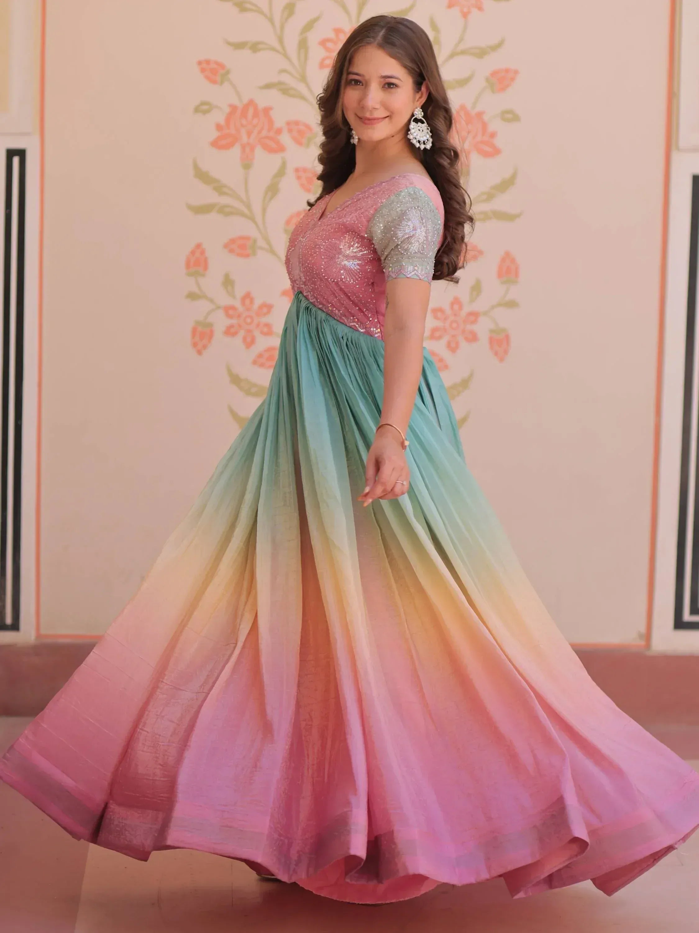Elegant gradient ethnic gown with sequined pink top and flowing pastel skirt for festive occasions