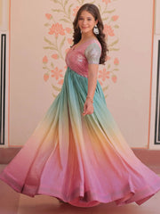 Excellent Peach Sequins Embroidery Organza Festive Wear Gown