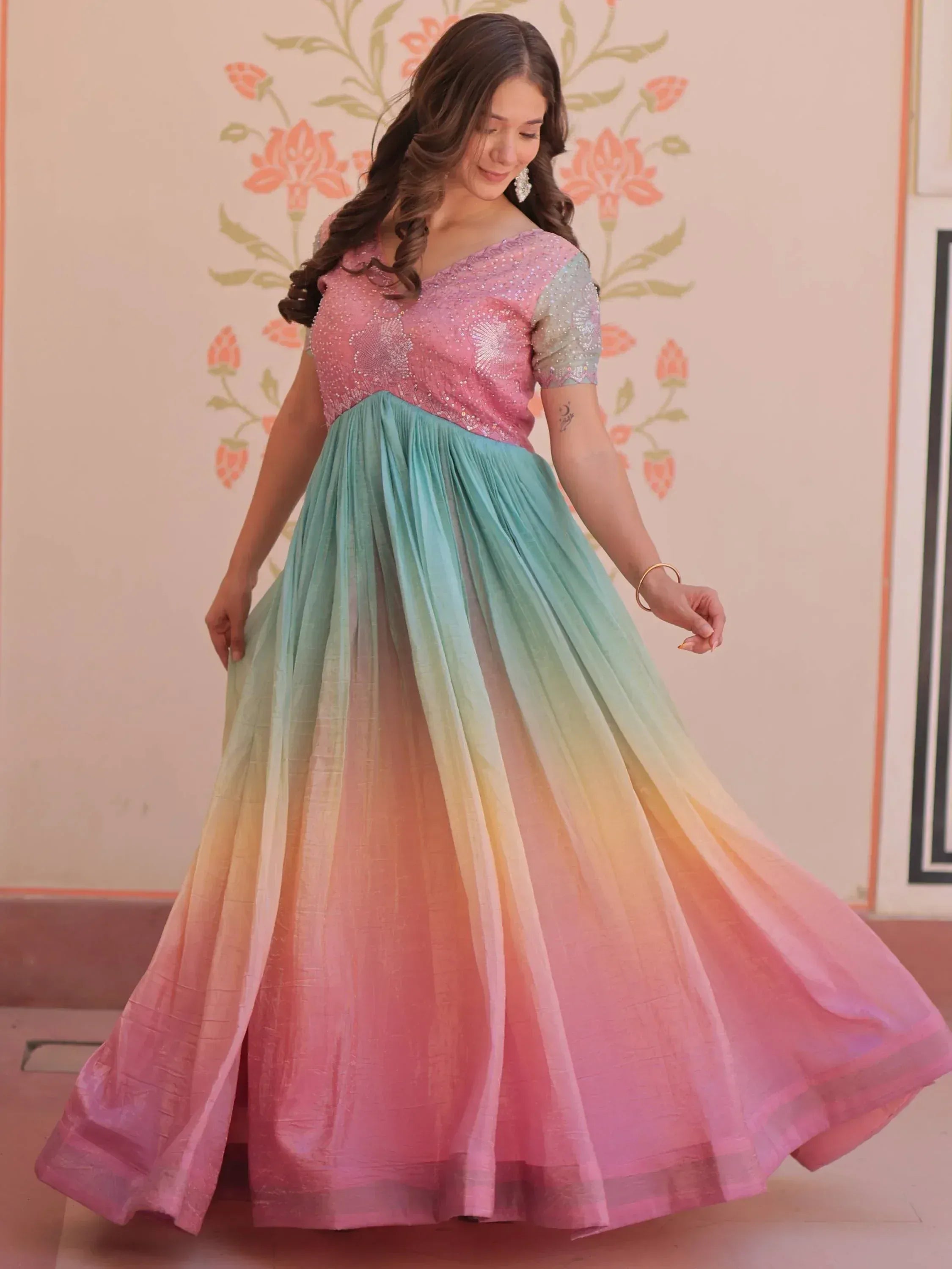 Elegant gradient ethnic gown with sequined pink top and flowing pastel skirt