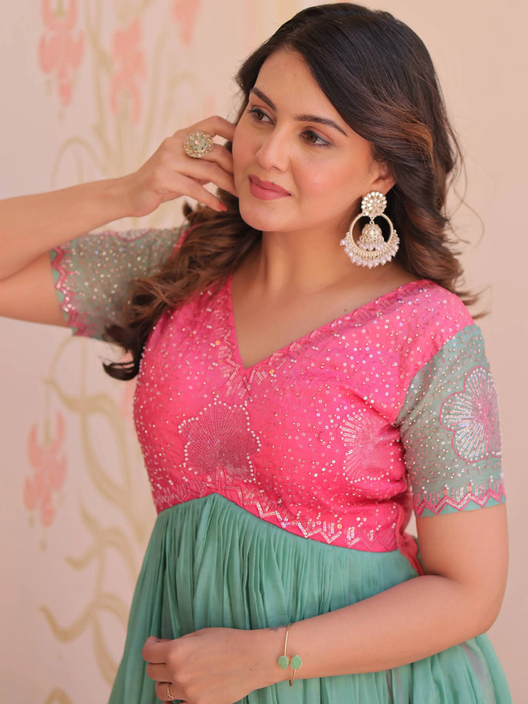 Gorgeous Pink Bead Embroidery Organza Party Wear Gown