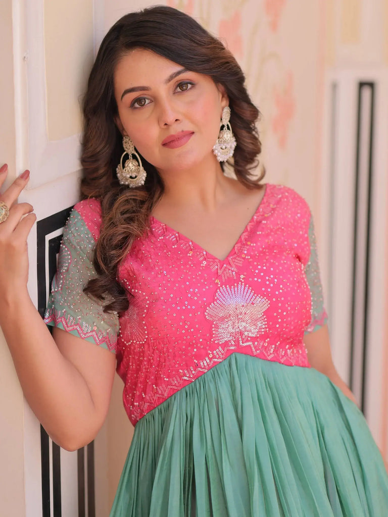 Gorgeous Pink Bead Embroidery Organza Party Wear Gown
