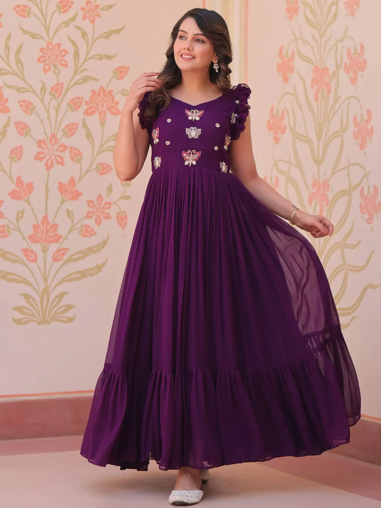 Dazzling Purple Multi Thread Embroidery Georgette Event Wear Gown