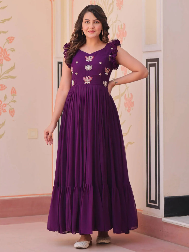 Dazzling Purple Multi Thread Embroidery Georgette Event Wear Gown