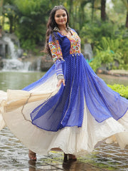 Adorable Blue Mirror Work Cotton Navratri Wear Kurti With Lehenga