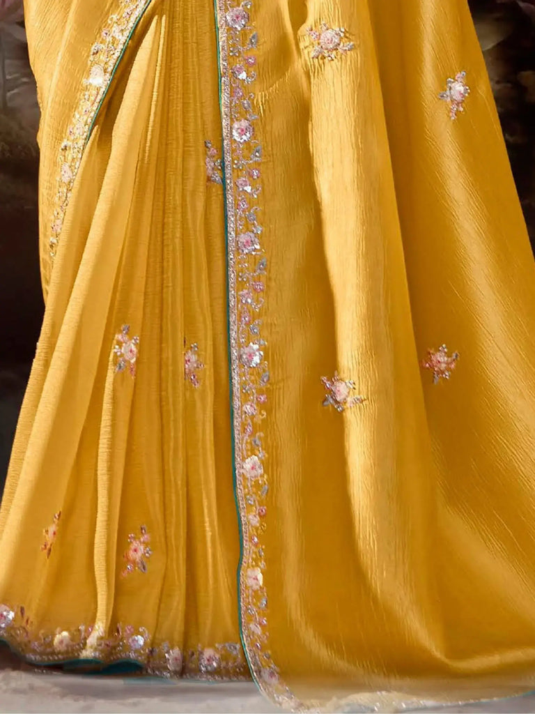 Attractive Yellow Color Sequins Organza Wedding Wear Saree With Blouse