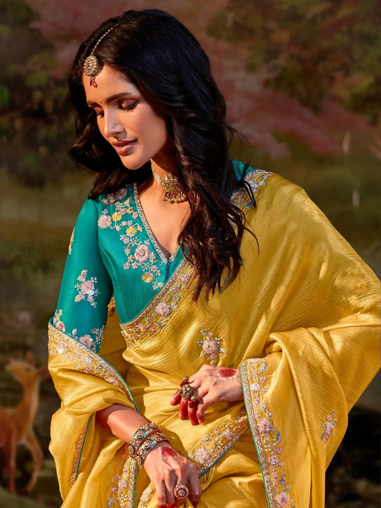 Attractive Yellow Color Sequins Organza Wedding Wear Saree With Blouse