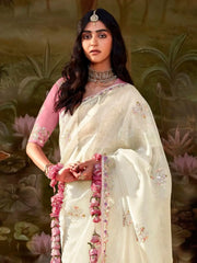 Beautiful Cream Sequins Organza Wedding Wear Saree With Blouse