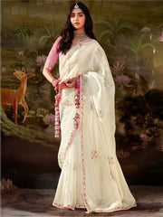 Beautiful Cream Sequins Organza Wedding Wear Saree With Blouse