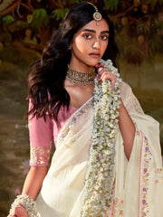 Beautiful Cream Sequins Organza Wedding Wear Saree With Blouse