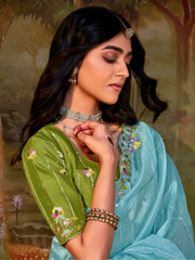 Stunning Sky Blue Sequins Organza Wedding Wear Saree With Blouse