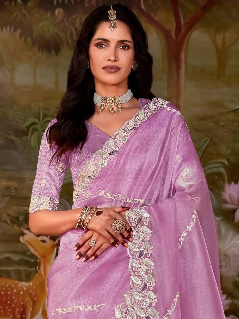 Stunning Plum Color Sequins Organza Festival Wear Saree With Blouse