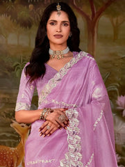 Stunning Plum Color Sequins Organza Festival Wear Saree With Blouse